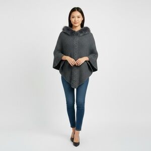 Charcoal Knit Faux Fur Women's Poncho‎ One Size Plush Fur Neck Warm Luxury